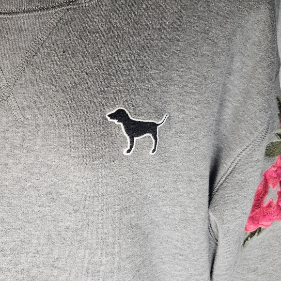 Victoria's Secret PINK Embroidered Flower Sleeve Pullover Sweatshirt Grey Medium - Picture 4 of 15